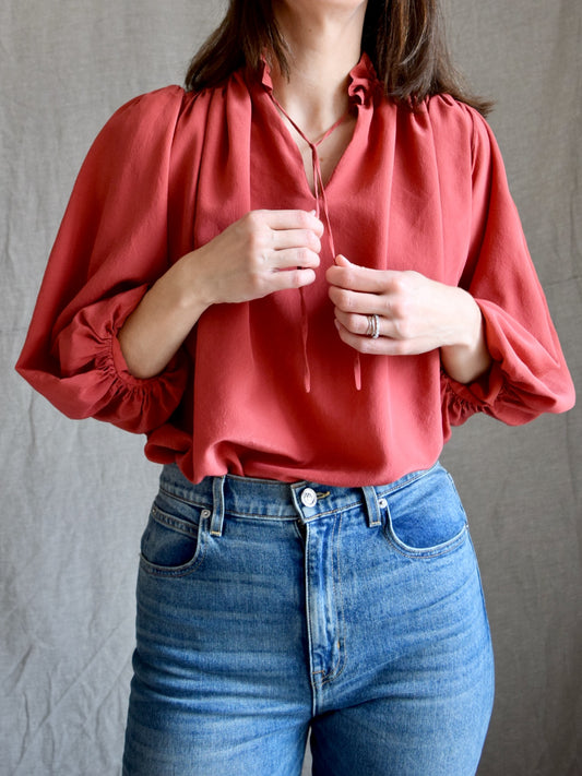 vintage 1970s poet blouse in brick silk