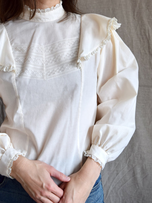 vintage 1970s cream ruffle prairie blouse