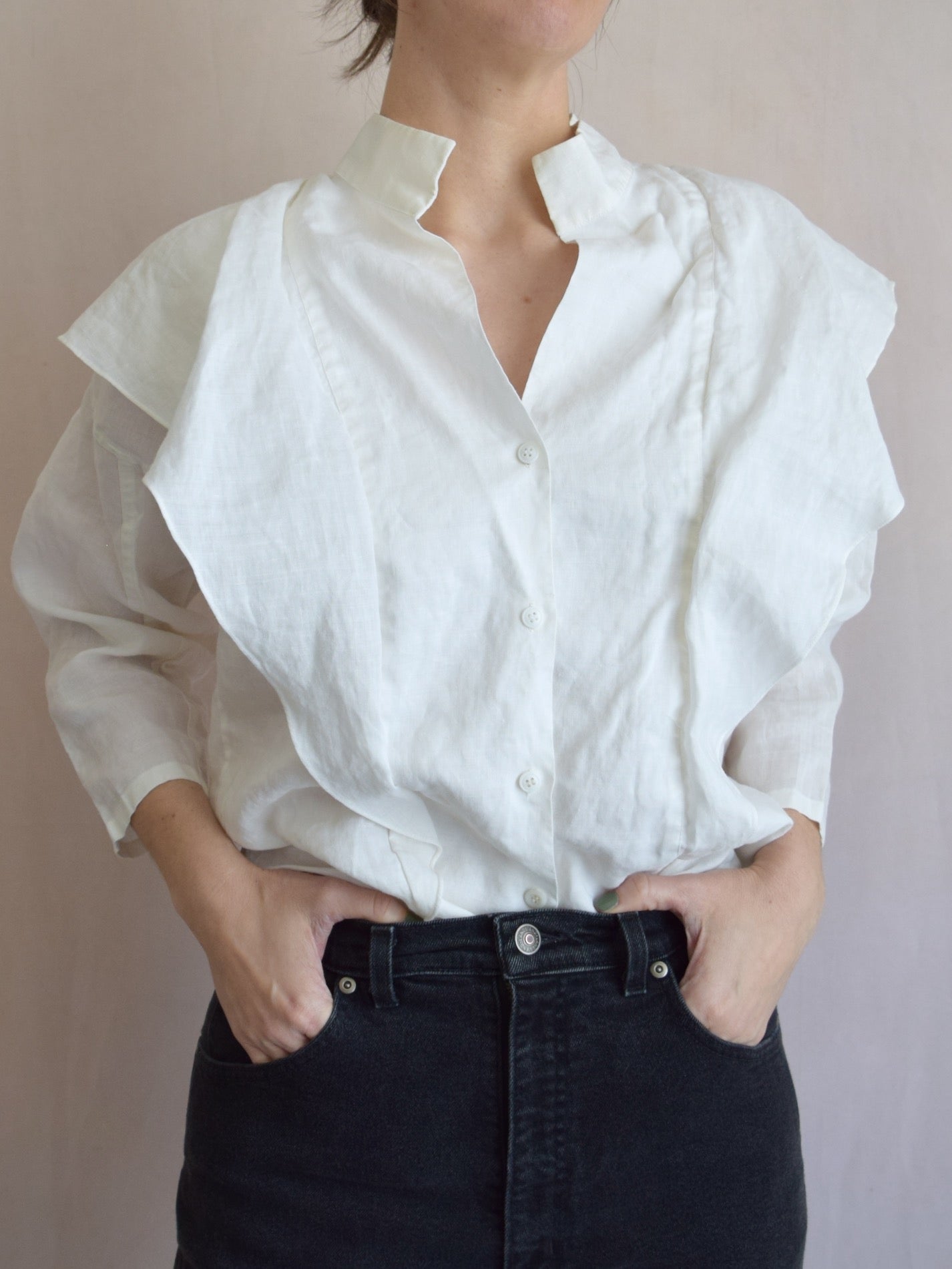 vintage 1980s ruffle top in white linen
